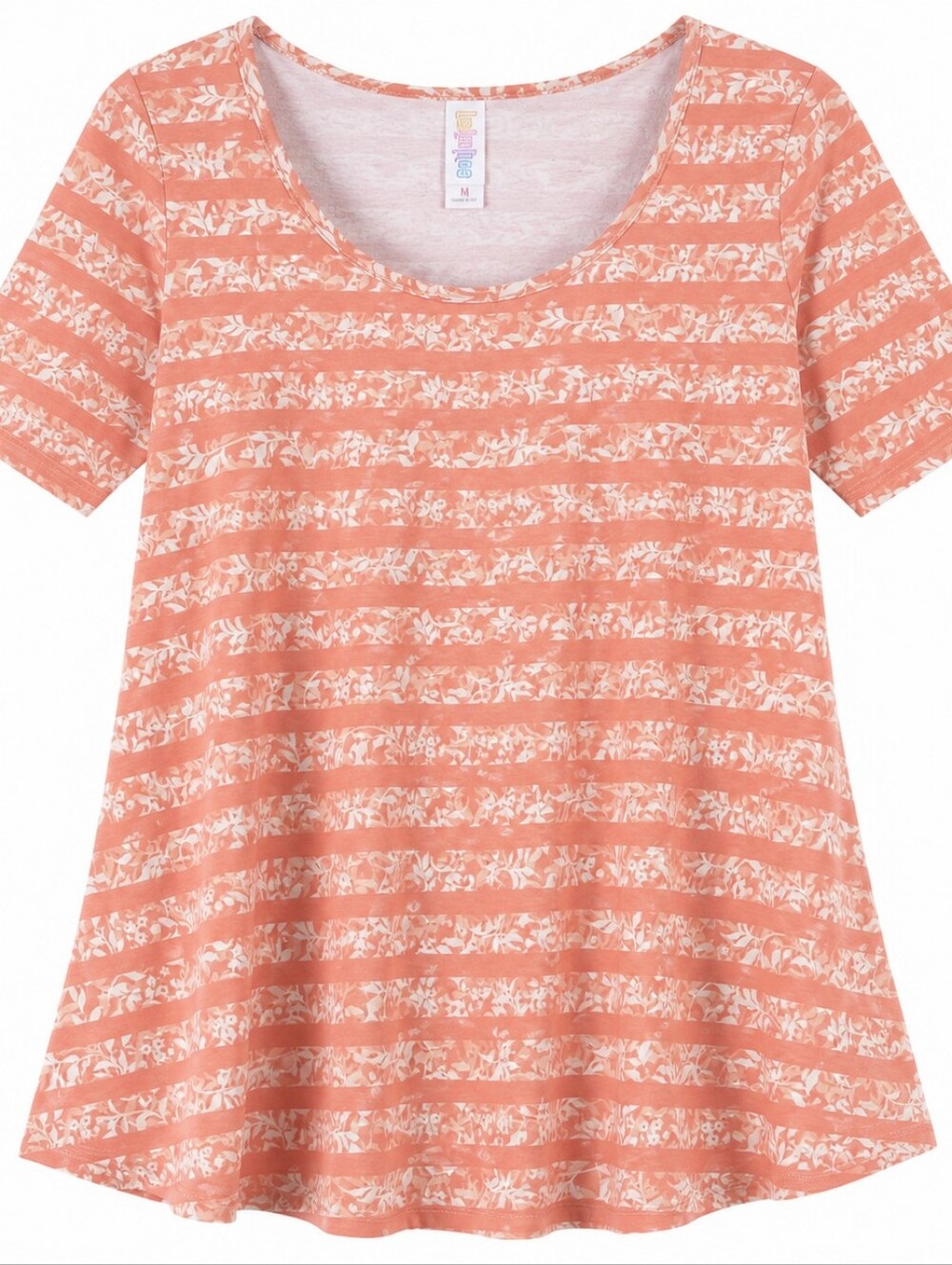 LULAROE | Perfect Tee Swing Top Coral Peach White Floral Stripe Short Sleeve | M